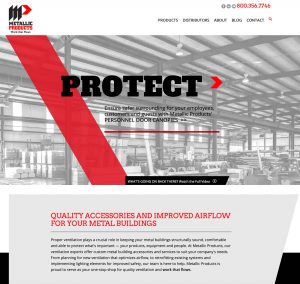Screenshot of Metallic Products' metal building accessory website