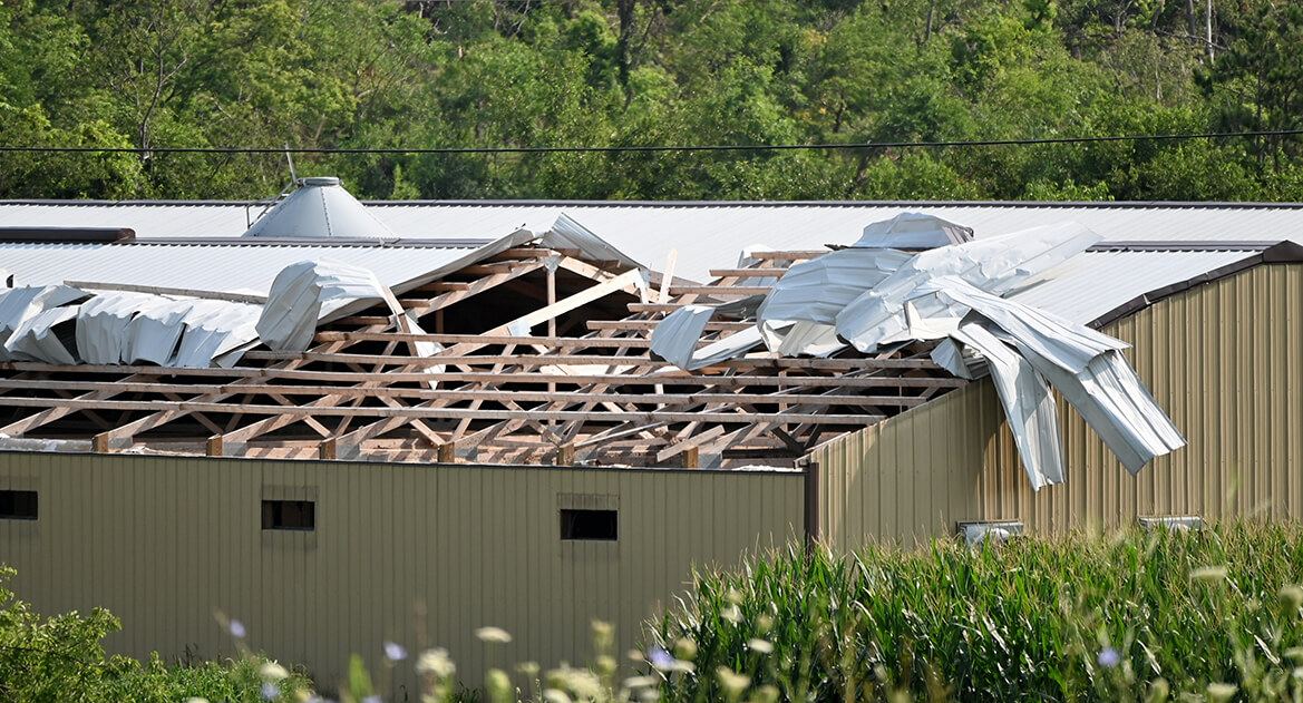 Steel building with roof blown off