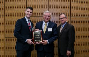 Metallic Products receive the Heritage Award at the 2019 Texas Family Business of the Year Awards. Pictured, from left, are Metallic Products President Travis Wendt, Owner and Board Chairman Daryl Wendt, and Dean of Baylor’s Hankamer School of Business, Terry Maness.