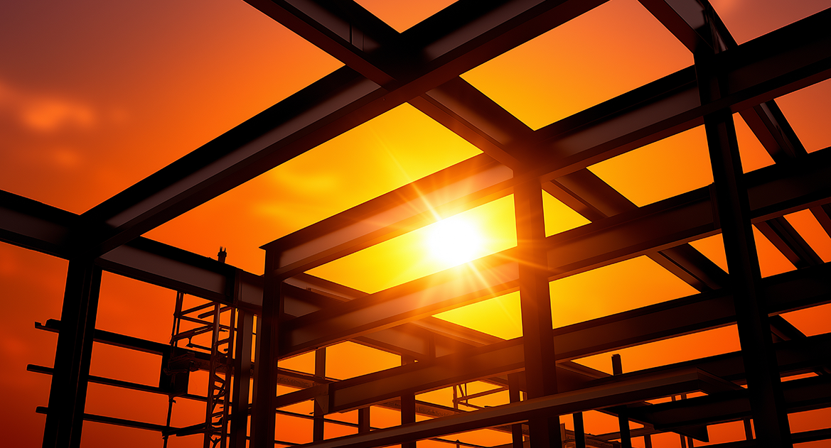 Sun shining through steel building structure